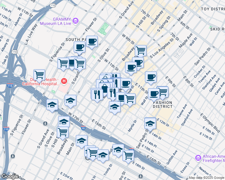 map of restaurants, bars, coffee shops, grocery stores, and more near 1242 South Main Street in Los Angeles
