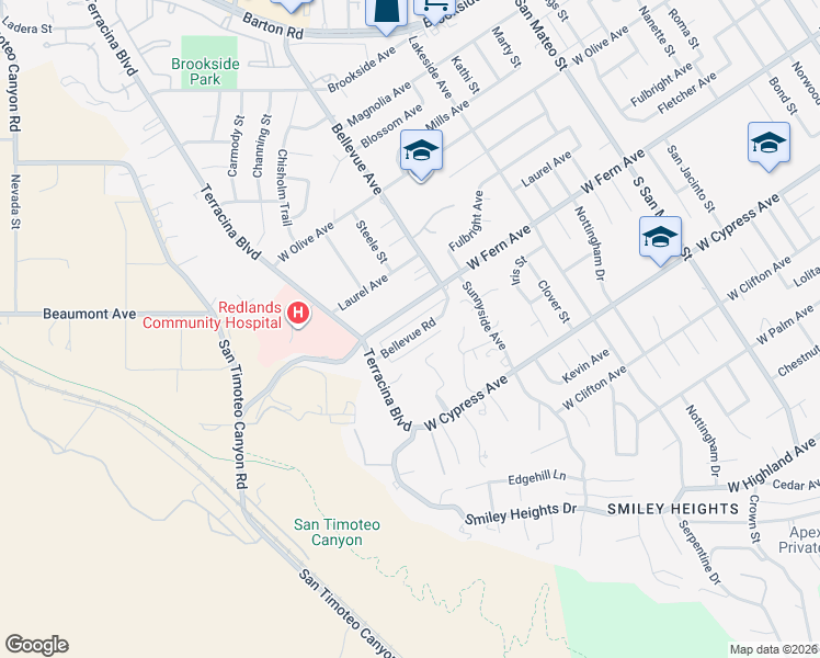 map of restaurants, bars, coffee shops, grocery stores, and more near 1616 Bellevue Road in Redlands