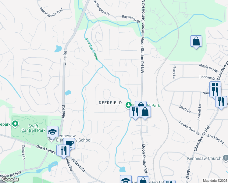 map of restaurants, bars, coffee shops, grocery stores, and more near 3508 Deerfield Lane in Kennesaw