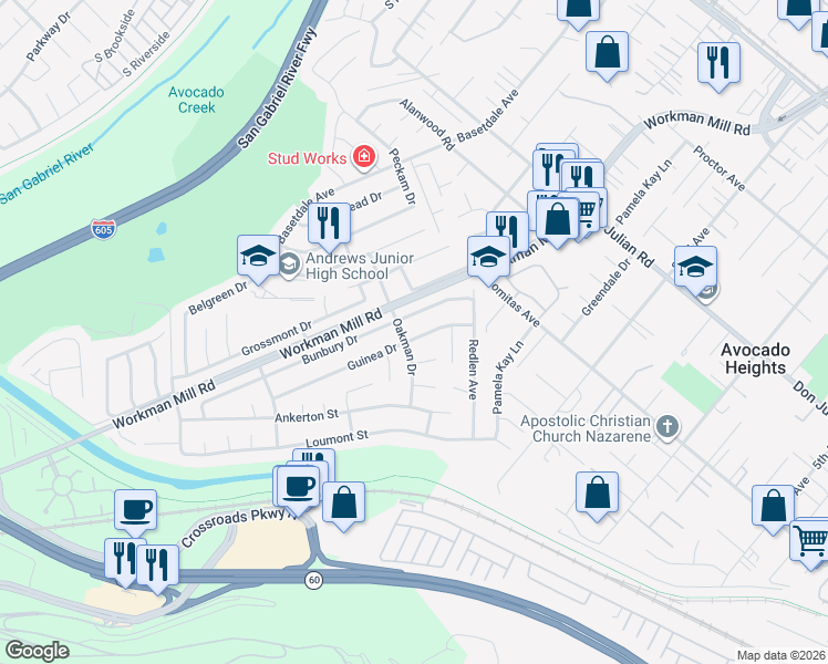 map of restaurants, bars, coffee shops, grocery stores, and more near 933 Guinea Drive in Whittier