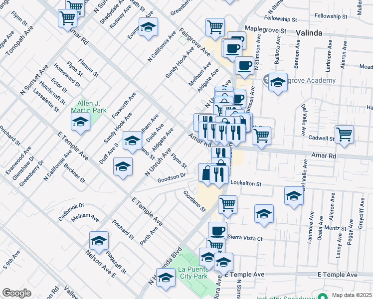 map of restaurants, bars, coffee shops, grocery stores, and more near 833 North Eldon Avenue in La Puente