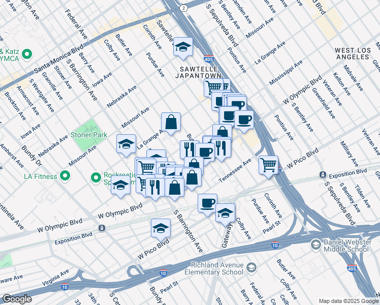 map of restaurants, bars, coffee shops, grocery stores, and more near 2114 Colby Avenue in Los Angeles