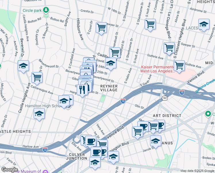 map of restaurants, bars, coffee shops, grocery stores, and more near in Los Angeles