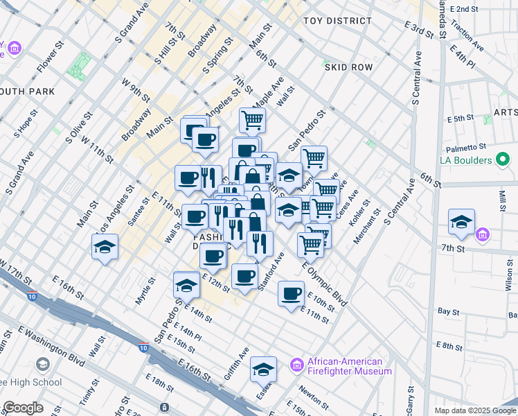 map of restaurants, bars, coffee shops, grocery stores, and more near 717 East 9th Street in Los Angeles
