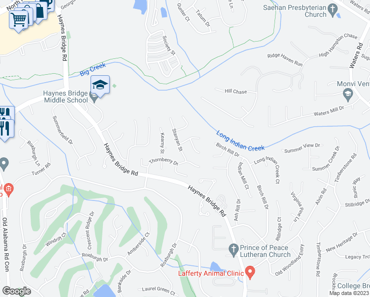 map of restaurants, bars, coffee shops, grocery stores, and more near 10435 Stanyan Street in Alpharetta