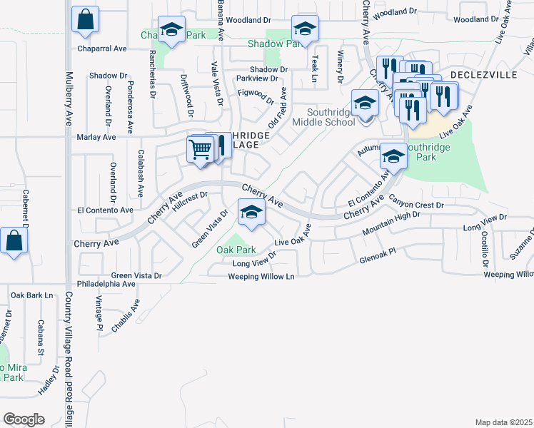 map of restaurants, bars, coffee shops, grocery stores, and more near 11919 Woodbridge Drive in Fontana