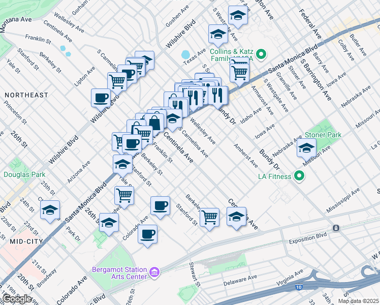 map of restaurants, bars, coffee shops, grocery stores, and more near 1522 Centinela Avenue in Los Angeles