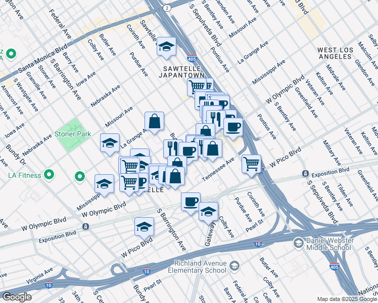 map of restaurants, bars, coffee shops, grocery stores, and more near 2140 Butler Avenue in Los Angeles