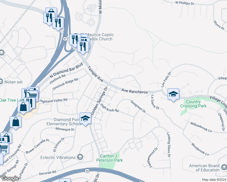 map of restaurants, bars, coffee shops, grocery stores, and more near 24160 Avenue Rancheros in Diamond Bar