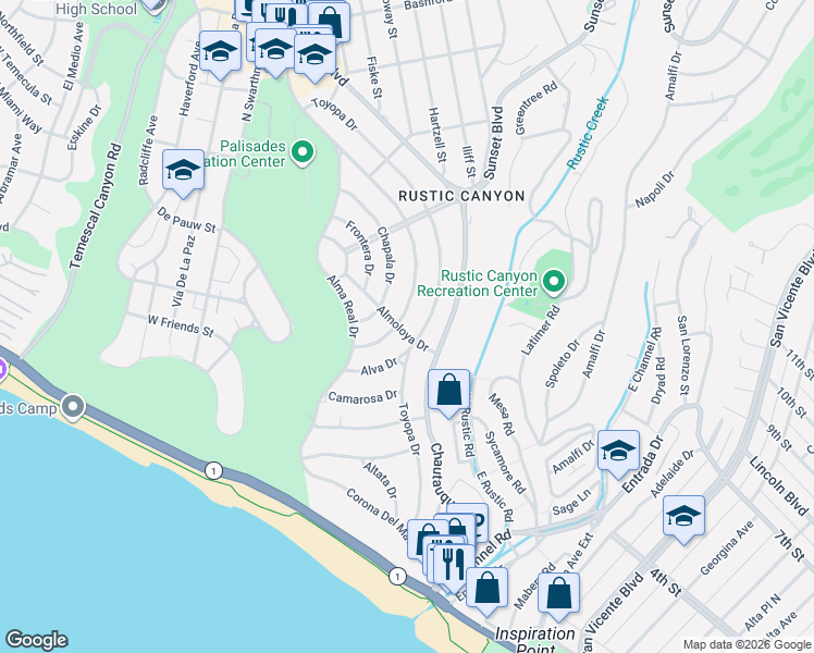 map of restaurants, bars, coffee shops, grocery stores, and more near 500 Ocampo Drive in Los Angeles