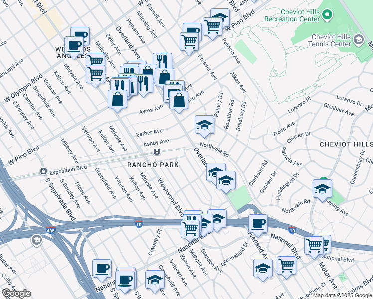 map of restaurants, bars, coffee shops, grocery stores, and more near 2621 Exposition Boulevard in Los Angeles