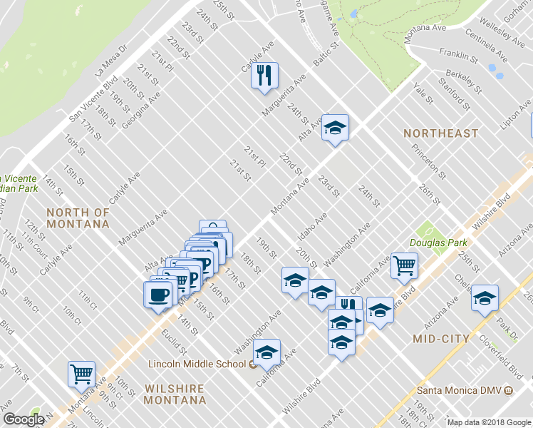 map of restaurants, bars, coffee shops, grocery stores, and more near 2009 Montana Avenue in Santa Monica