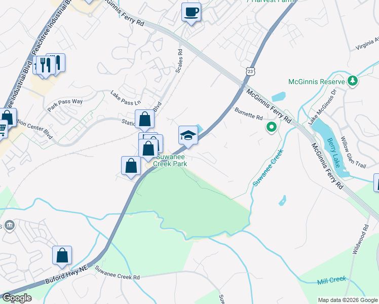 map of restaurants, bars, coffee shops, grocery stores, and more near 3660 Swiftwater Park Drive in Suwanee