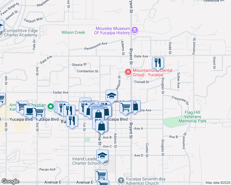 map of restaurants, bars, coffee shops, grocery stores, and more near 42710 Cedar Ave in Yucaipa