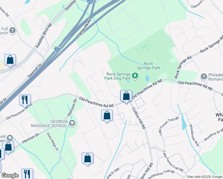 map of restaurants, bars, coffee shops, grocery stores, and more near 255 Arden Ridge Court in Suwanee