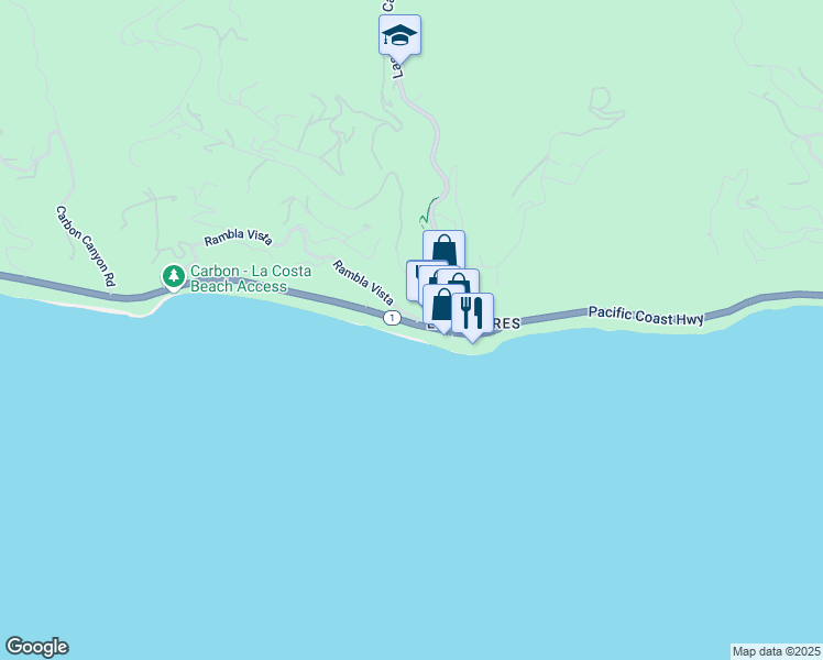 map of restaurants, bars, coffee shops, grocery stores, and more near 21300 Pacific Coast Highway in Malibu
