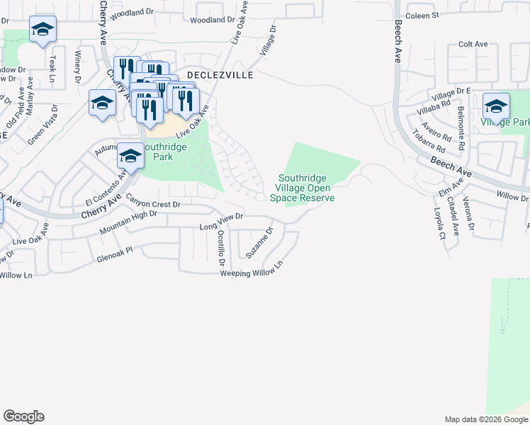 map of restaurants, bars, coffee shops, grocery stores, and more near 11933 Suzanne Drive in Fontana