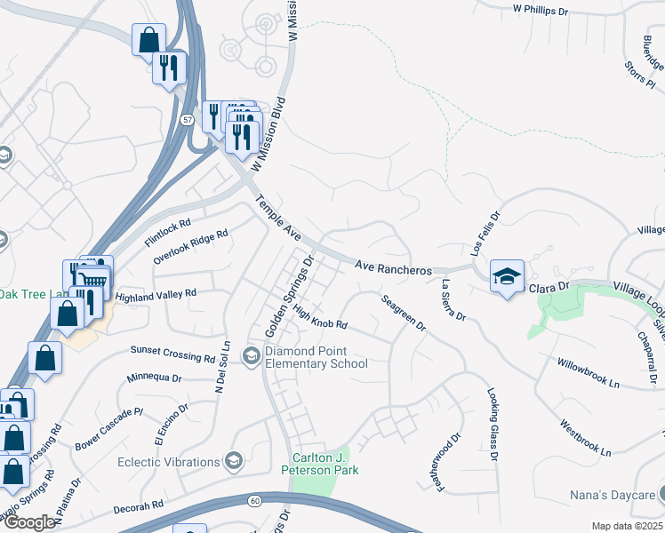 map of restaurants, bars, coffee shops, grocery stores, and more near 24160 Avenue Rancheros in Diamond Bar