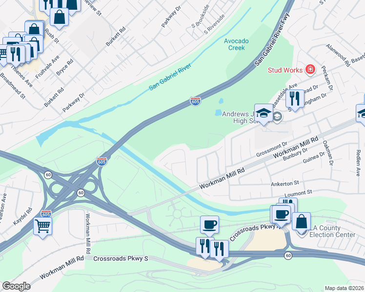 map of restaurants, bars, coffee shops, grocery stores, and more near 1506 Delamare Drive in Whittier