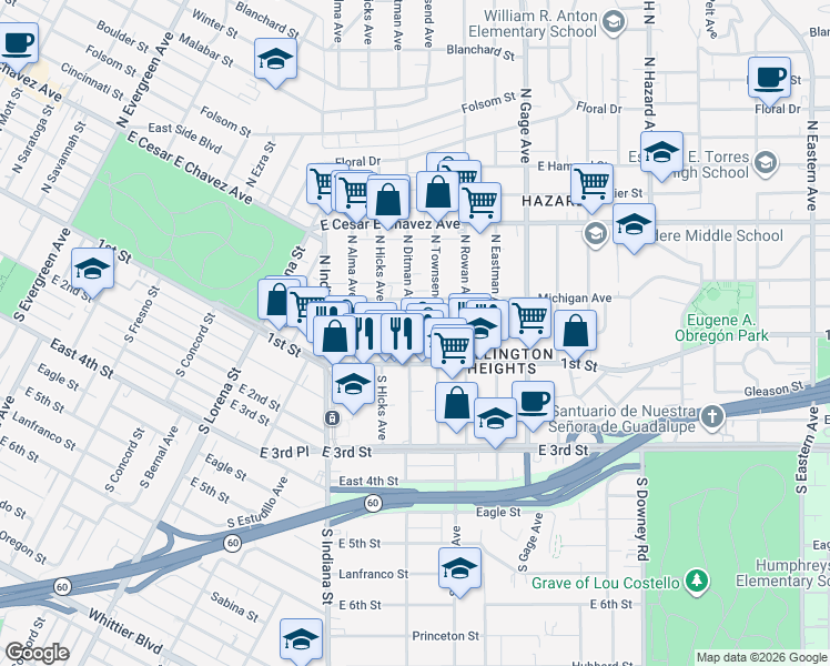 map of restaurants, bars, coffee shops, grocery stores, and more near 3580 1st Street in Los Angeles