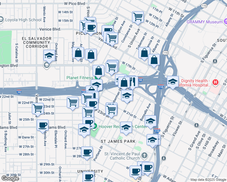 map of restaurants, bars, coffee shops, grocery stores, and more near 1020 West 20th Street in Los Angeles