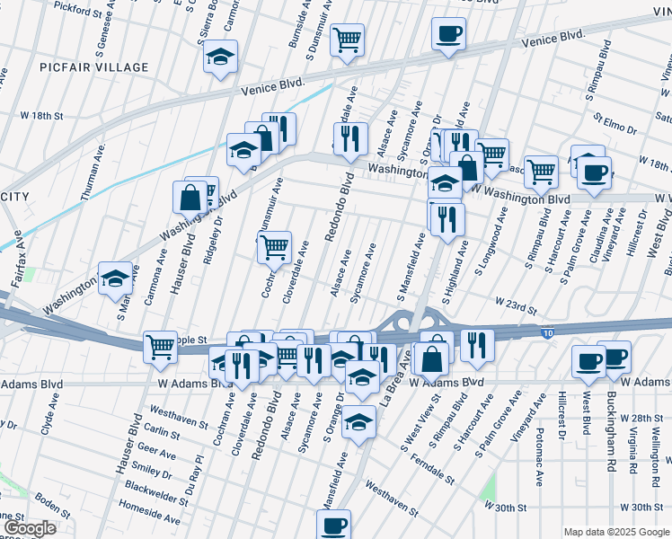 map of restaurants, bars, coffee shops, grocery stores, and more near 2237 South Sycamore Avenue in Los Angeles