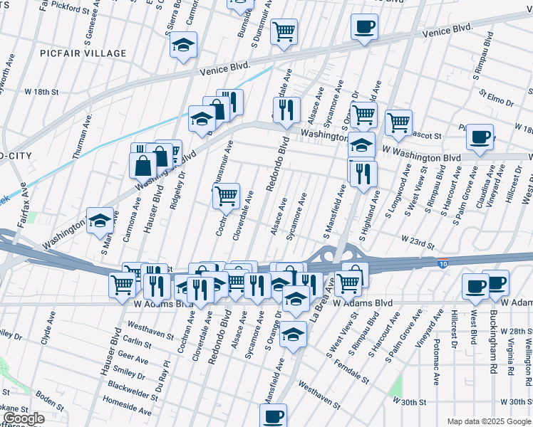 map of restaurants, bars, coffee shops, grocery stores, and more near 5176 Bangor Street in Los Angeles