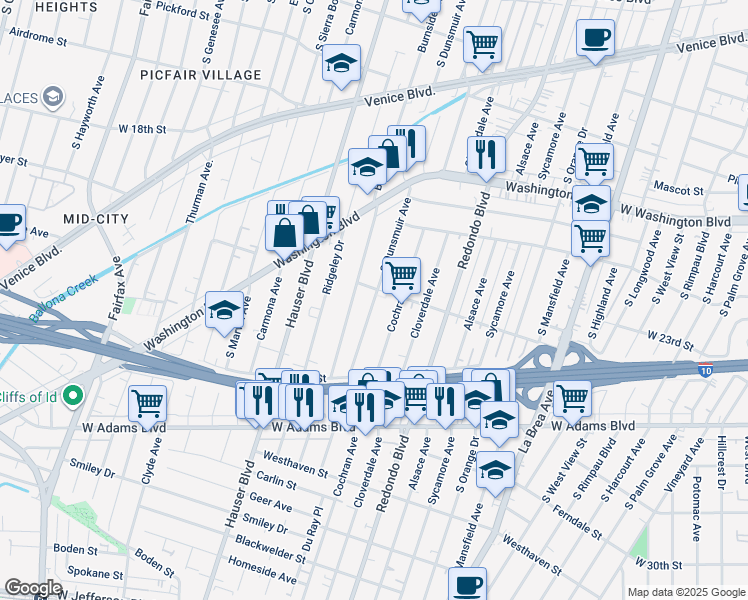 map of restaurants, bars, coffee shops, grocery stores, and more near 2324 South Dunsmuir Avenue in Los Angeles