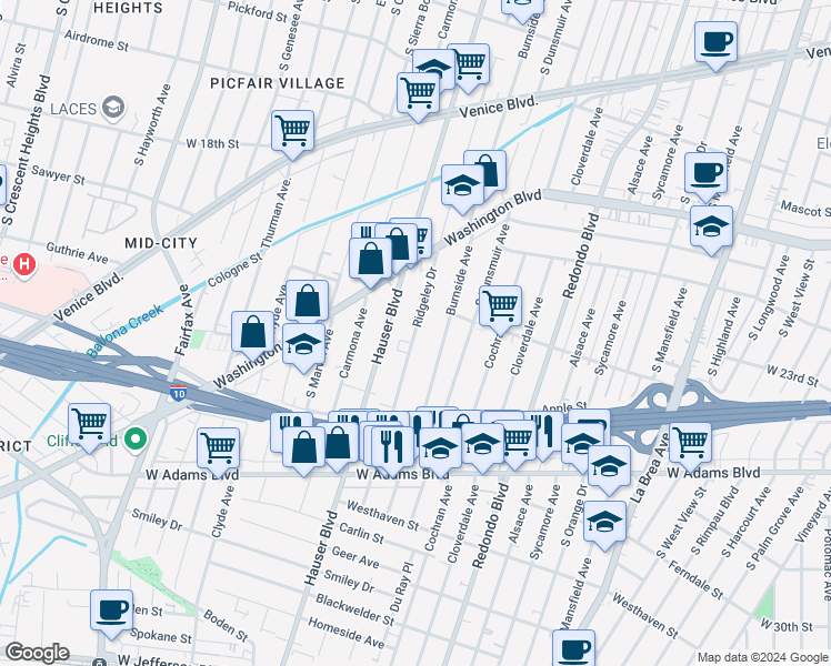 map of restaurants, bars, coffee shops, grocery stores, and more near 2233 South Ridgeley Drive in Los Angeles