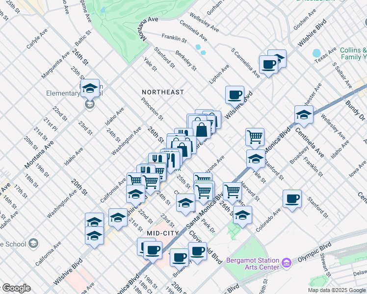 map of restaurants, bars, coffee shops, grocery stores, and more near in Santa Monica