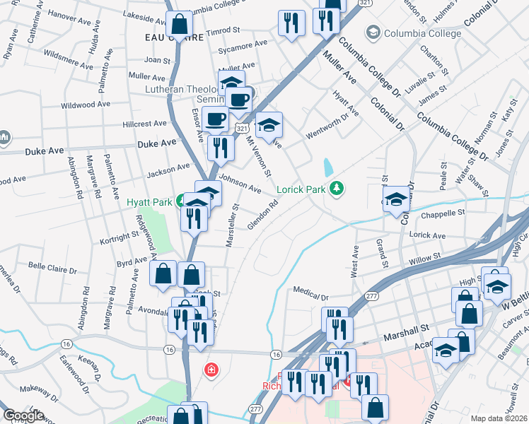 map of restaurants, bars, coffee shops, grocery stores, and more near 1319 Hendrix Street in Columbia