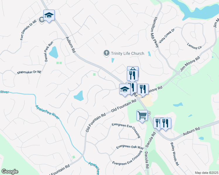 map of restaurants, bars, coffee shops, grocery stores, and more near 2988 Belfaire Lake Drive in Dacula