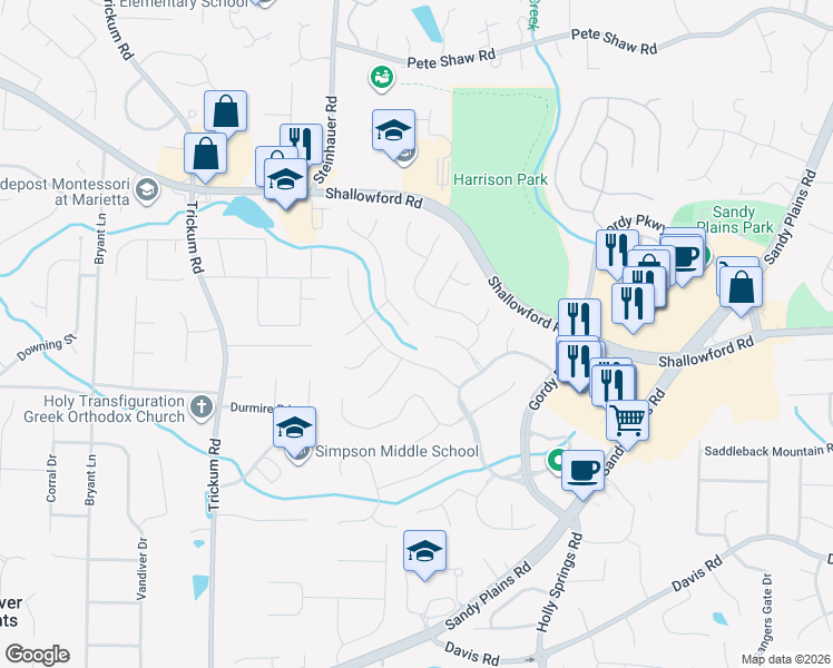 map of restaurants, bars, coffee shops, grocery stores, and more near 3400 Woodshire Crossing in Marietta