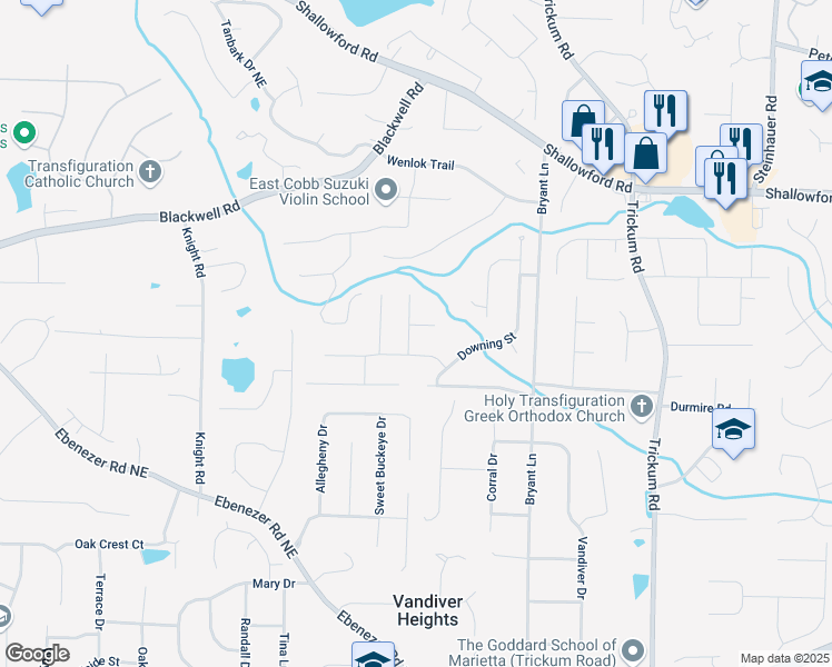 map of restaurants, bars, coffee shops, grocery stores, and more near 3581 Spencer Lane in Marietta