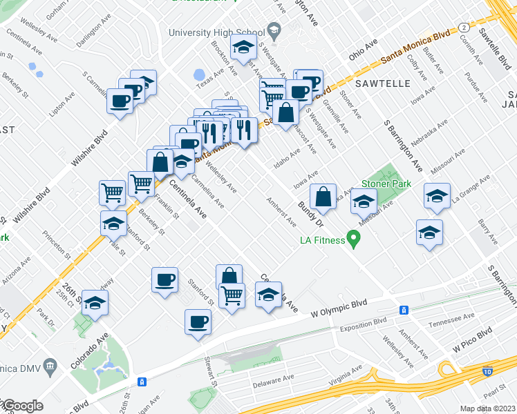 map of restaurants, bars, coffee shops, grocery stores, and more near 1628 Wellesley Avenue in Los Angeles