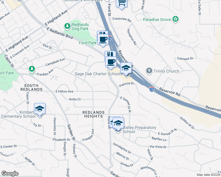 map of restaurants, bars, coffee shops, grocery stores, and more near East Sunset Drive South in Redlands