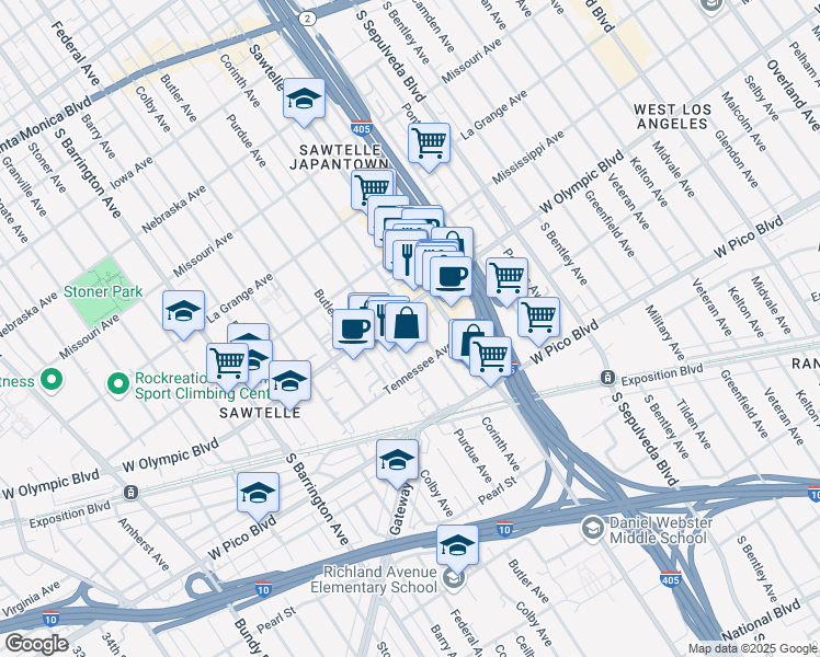 map of restaurants, bars, coffee shops, grocery stores, and more near 2227 Corinth Avenue in Los Angeles