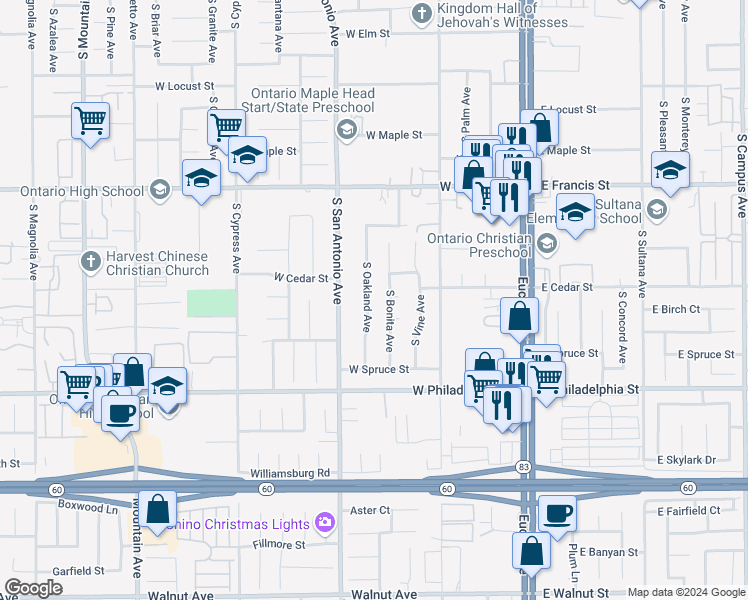 map of restaurants, bars, coffee shops, grocery stores, and more near 2017 South Oakland Avenue in Ontario
