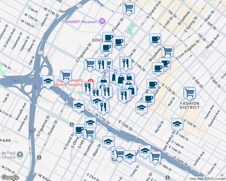 map of restaurants, bars, coffee shops, grocery stores, and more near 1340 South Hill Street in Los Angeles