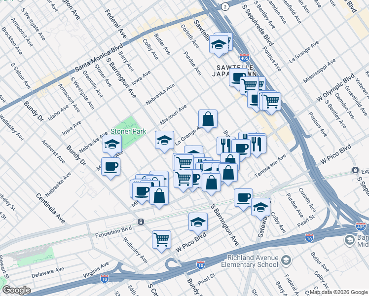 map of restaurants, bars, coffee shops, grocery stores, and more near 2019 Barry Avenue in Los Angeles