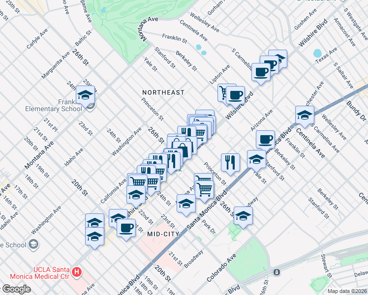 map of restaurants, bars, coffee shops, grocery stores, and more near 1138 Princeton Street in Santa Monica