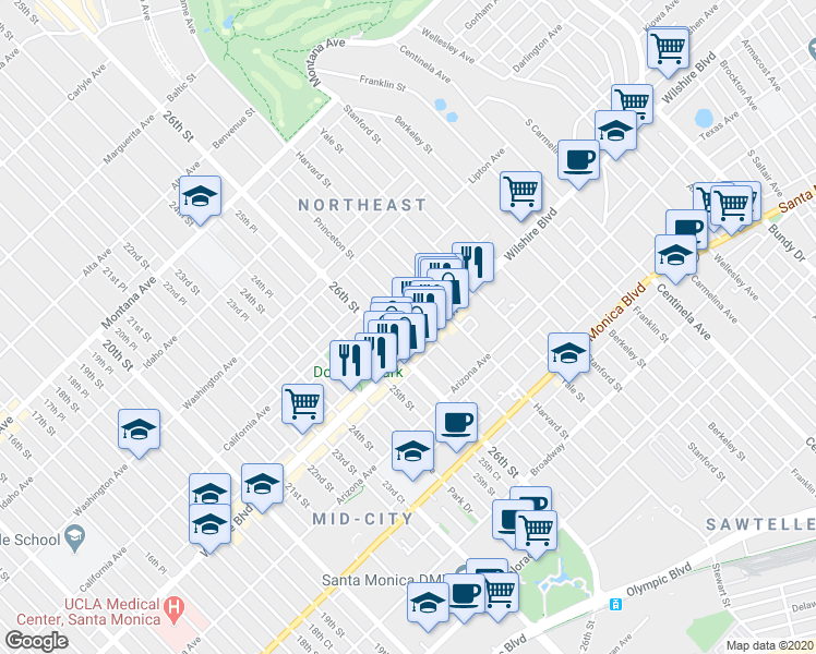 map of restaurants, bars, coffee shops, grocery stores, and more near 1138 Princeton Street in Santa Monica