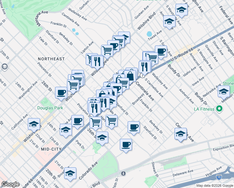 map of restaurants, bars, coffee shops, grocery stores, and more near 3031 Santa Monica Boulevard in Santa Monica