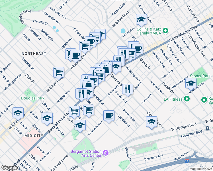 map of restaurants, bars, coffee shops, grocery stores, and more near in Santa Monica