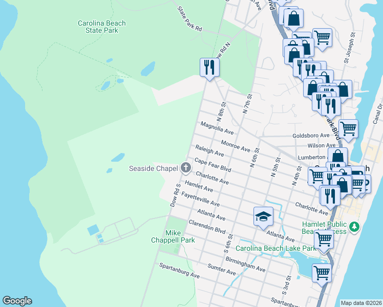 map of restaurants, bars, coffee shops, grocery stores, and more near Dow Road South in Carolina Beach