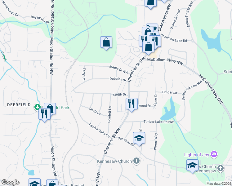 map of restaurants, bars, coffee shops, grocery stores, and more near 2001 Smith Drive in Kennesaw