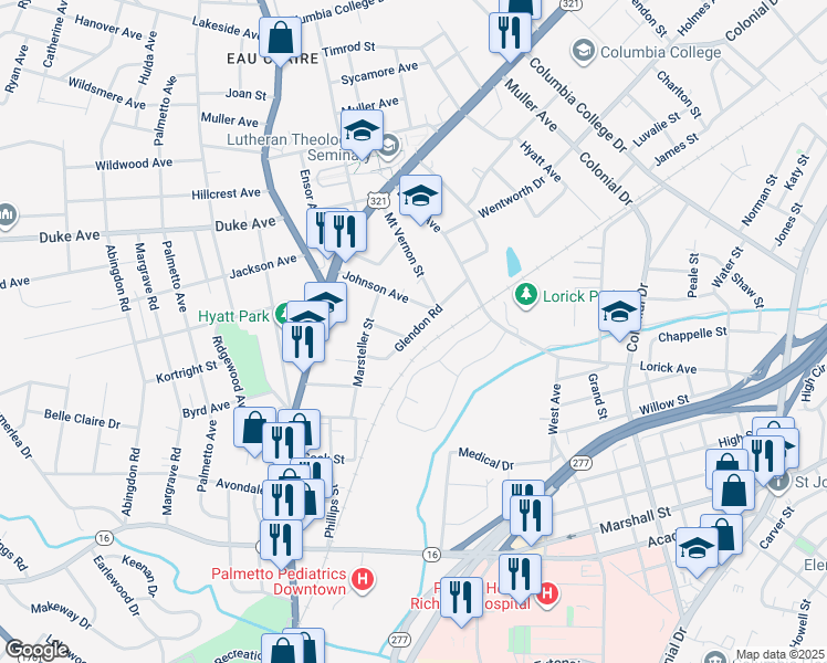 map of restaurants, bars, coffee shops, grocery stores, and more near 1319 Hendrix Street in Columbia