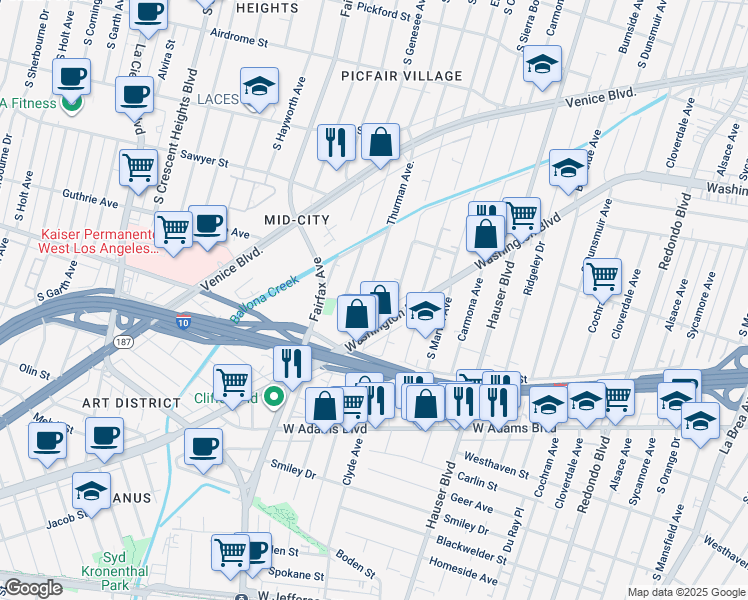 map of restaurants, bars, coffee shops, grocery stores, and more near 5629 Murray Lane in Los Angeles
