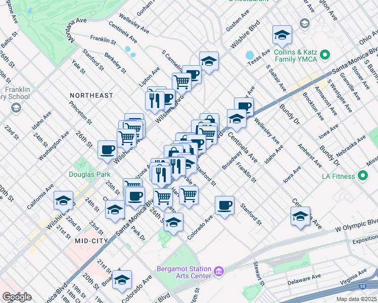 map of restaurants, bars, coffee shops, grocery stores, and more near 1341 Yale Street in Santa Monica