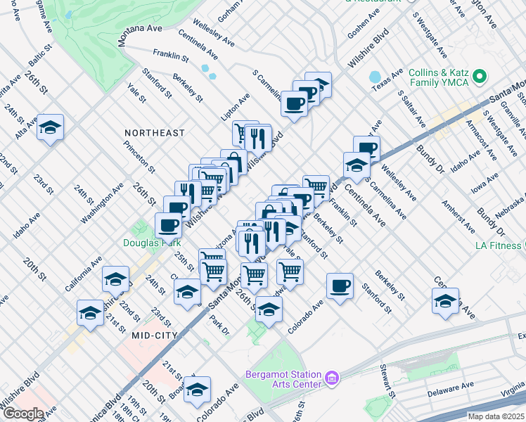 map of restaurants, bars, coffee shops, grocery stores, and more near 2914 Arizona Avenue in Santa Monica